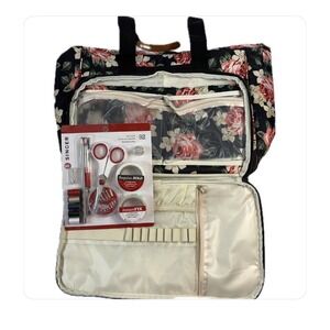 Structured Sewing Machine Tote Craft Organizer Floral + NEW Singer Starter Kit